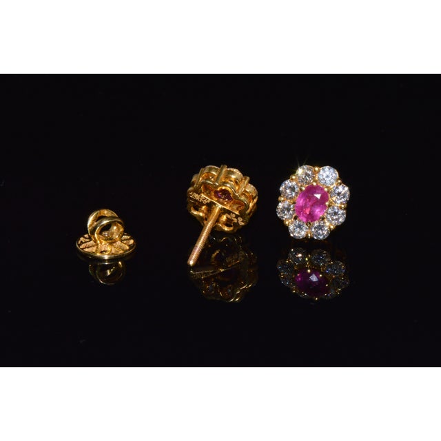 Gia Natural 2.12cts vs F Diamond Madagascar Ruby 18k Gold Cluster Halo Earrings, A Pair For Sale - Image 4 of 13