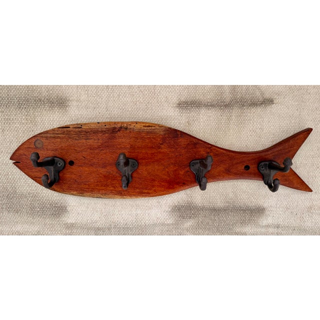 Vintage Rustic Folk Art Wood Fish Coat, Hat Rack For Sale - Image 11 of 12
