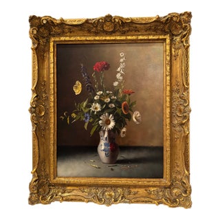 Original G. Becciani 1968 Floral Oil Painting in Hand Carved Gilded Frame For Sale