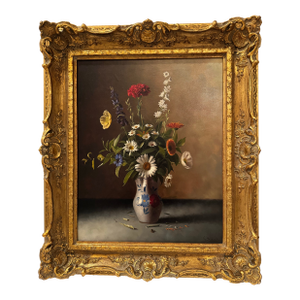 Original G. Becciani 1968 Floral Oil Painting in Hand Carved Gilded Frame