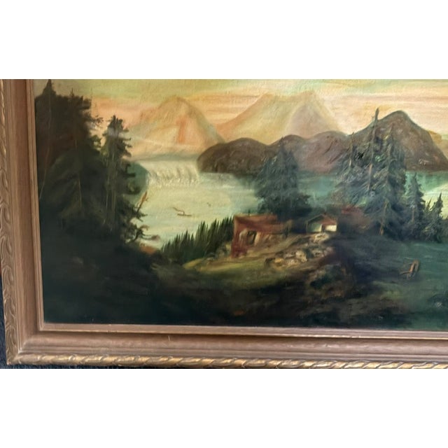 Antique Landscape Painting - Atmospheric Mountains Around a Camp For Sale - Image 4 of 13