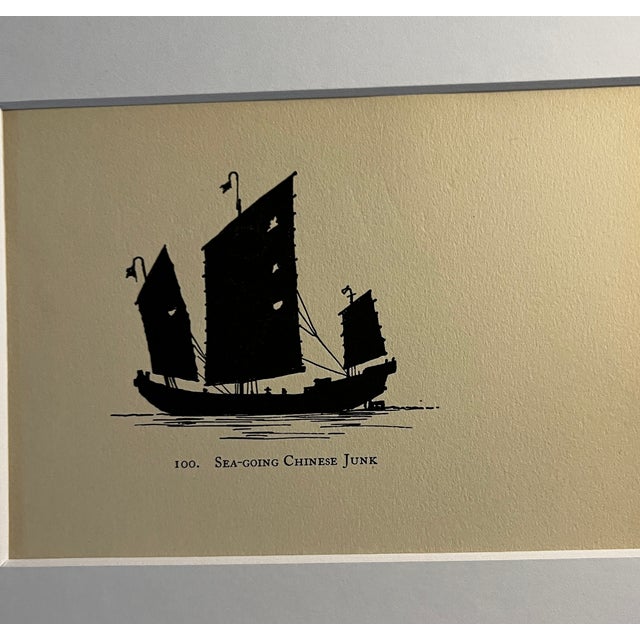 1929 illustration of a sea-going Chinese Junk ship silhouette, matted and ready to frame.