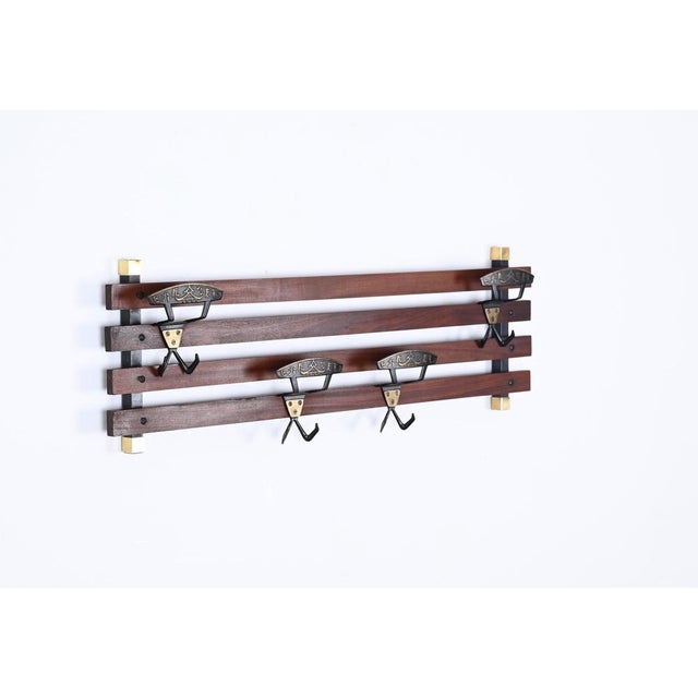 Italian Coat Rack in Teak, Brass and Black Enameled Iron, Italy, 1960s For Sale - Image 15 of 17