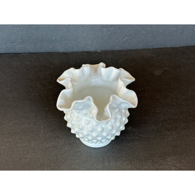 Glass Fenton Style Hobnail Milk Glass Ruffled Rim Vase For Sale - Image 7 of 10