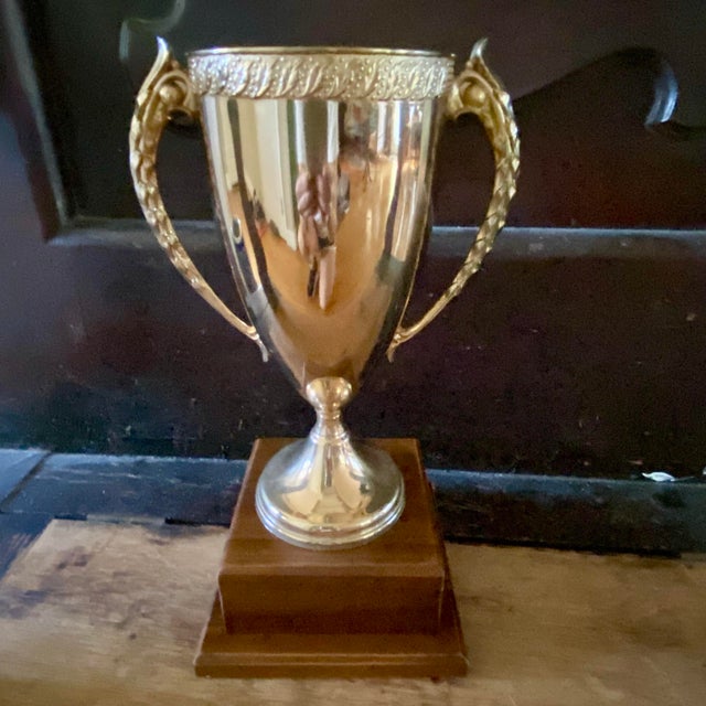 1960s Classic Gold-Tone Metal Loving Cup Trophy Mounted on a Tiered Walnut Wood Base. For Sale - Image 5 of 13