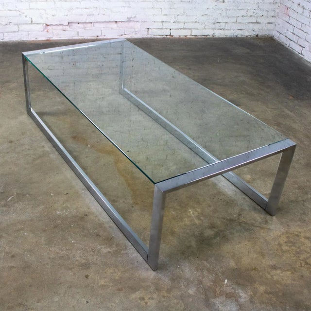 1970’s Mid-Century Modern to Modern Large Coffee Table Rectangular Chrome Tube Frame W/ Sled Base & Glass Top For Sale - Image 14 of 18