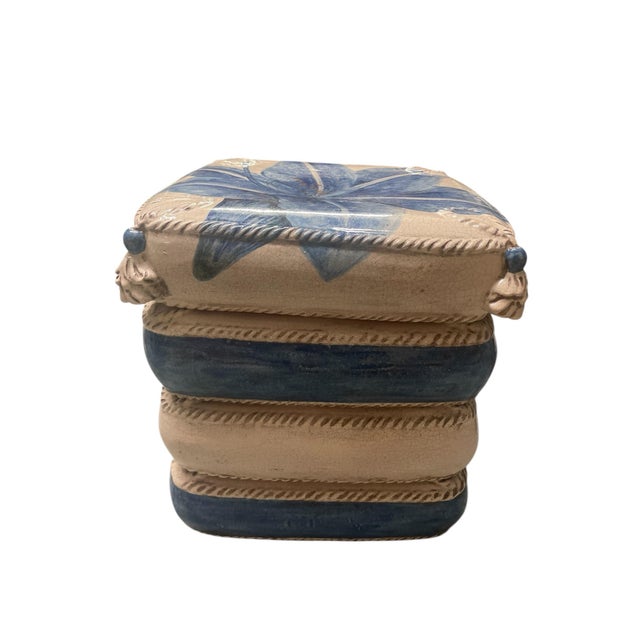 Italian Ceramic Stacked "Pillow" Garden Stool – Blue Lily For Sale - Image 4 of 10
