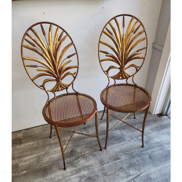 Hollywood Regency Pair of 1960s Italian Gilt Metal Wheat Sheaf Chairs by S. Salvadori For Sale - Image 3 of 17