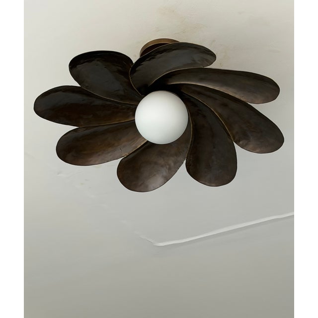 Metal Black Antique Brass Semi Flush Mount Light Fixture, Handmade Flower Ceiling Light For Sale - Image 7 of 18