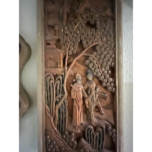 Hand Carved Wood Chinese Wall Plaque Set - 3pc Vintage Chinoiserie Garden Panels For Sale In San Francisco - Image 6 of 18