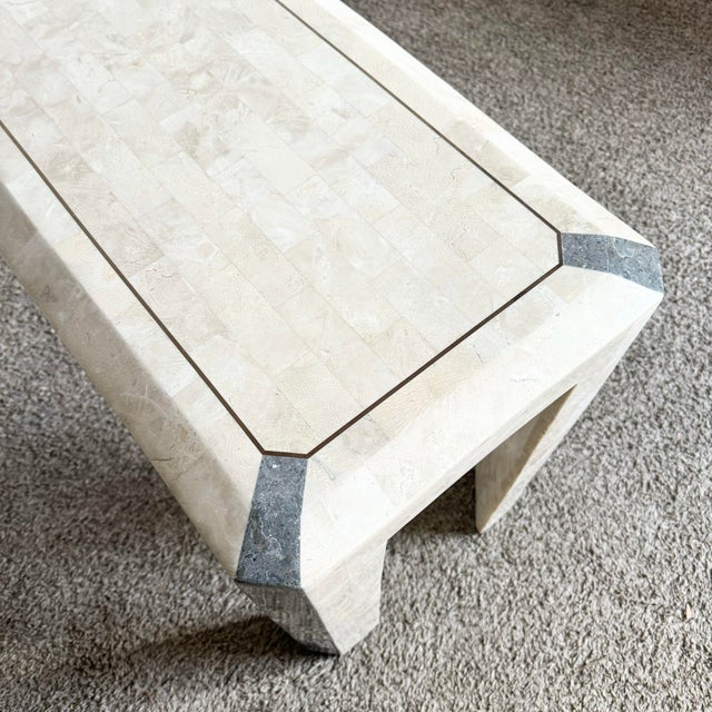 Wood Postmodern Polished Tessellated Stone/Shell Console Table With Brass Inlay For Sale - Image 7 of 9