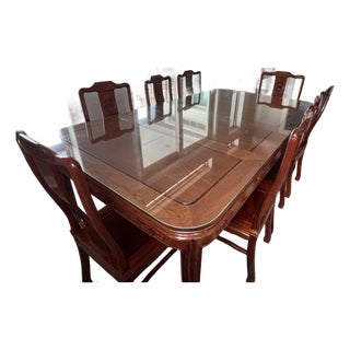 Vintage Chinese Solid Rosewood Dining Set (Seats 8) + Custom Glass Top For Sale