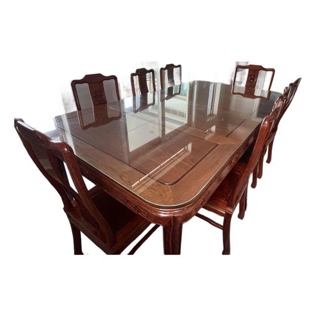 Vintage Chinese Solid Rosewood Dining Set (Seats 8) + Custom Glass Top For Sale