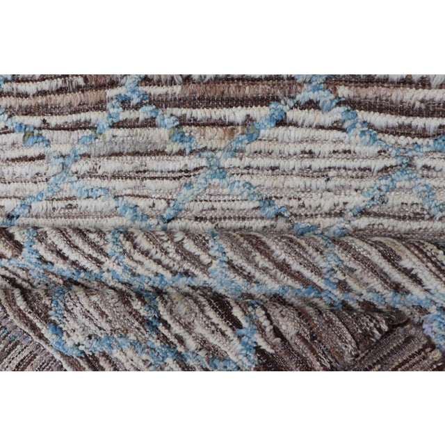 Modern Runner in All-Over Design in Cream, Sky Blue Color on a Brown Background For Sale In Atlanta - Image 6 of 13