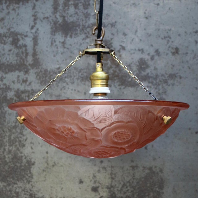 Art Nouveau French Brass and Pink Pressed Glass Pendant Light, 1920s For Sale - Image 6 of 8