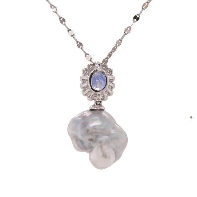 2020s Oval Sapphire, Diamond and South Sea Pearl Platinum Pendant Necklace - Fei Liu For Sale - Image 5 of 8