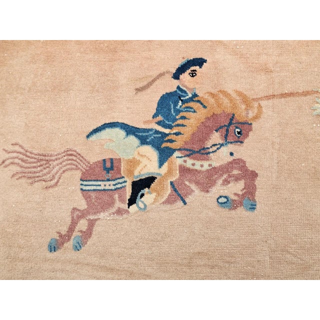 Vintage Chinese Pictorial Area Rug, Handwoven Wool on Cotton, Tan & Blue, 4' x 6' For Sale - Image 9 of 13