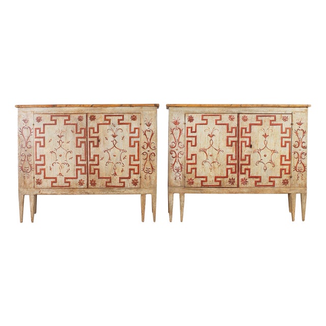 Pair of Italian Venetian Faux Marble Top Painted Cabinets For Sale