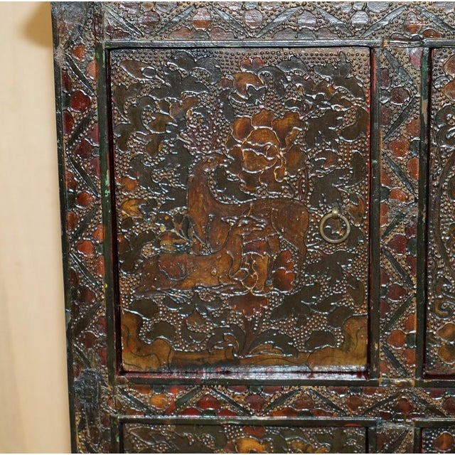 Brown Antique Tibetan Chinese Deer & Flower Polychrome Painted Altar Sideboard For Sale - Image 8 of 18