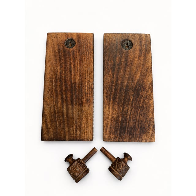 Vintage Brutalist Hand-Carved Oak Wall Sconces with Brass and Wrought Iron, 1970s, Set of 2 For Sale - Image 6 of 10