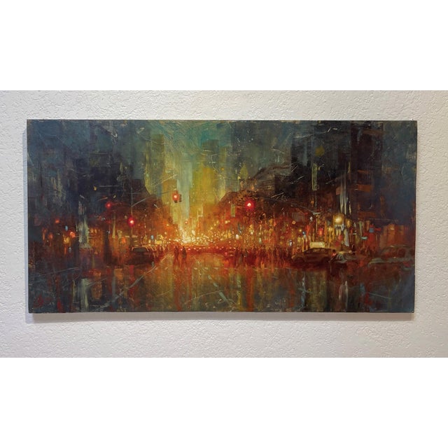 This oil painting captures a bustling scene of Central Park West, evoking the vibrant energy of New York City at dusk. The...