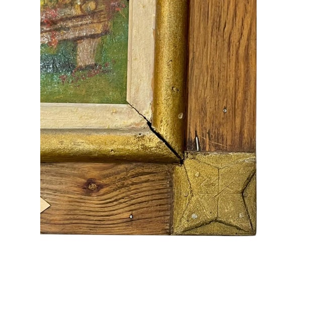 Paper Antique French Château Garden Oil Painting in Handcrafted Folk Art Frame For Sale - Image 7 of 16
