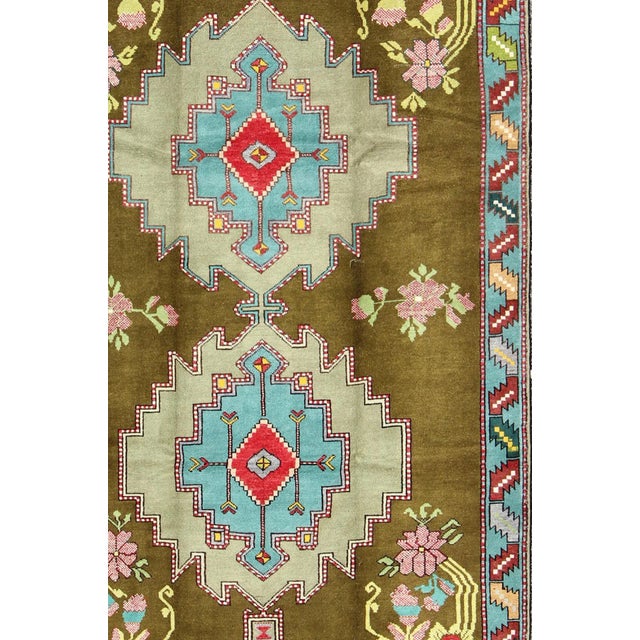 Mid 20th Century Bright Vintage Turkish Carpet in Green and Unique Vivid Colors & Design 5'10" X 9'8" For Sale - Image 5 of 9