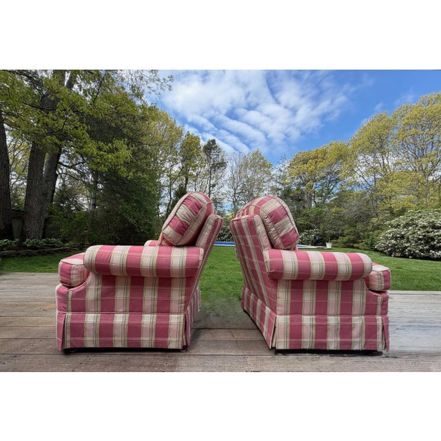 A Pair of Custom Pink Plaid Pleated Skirt Lounge Chairs With Rolled Arms For Sale - Image 14 of 18