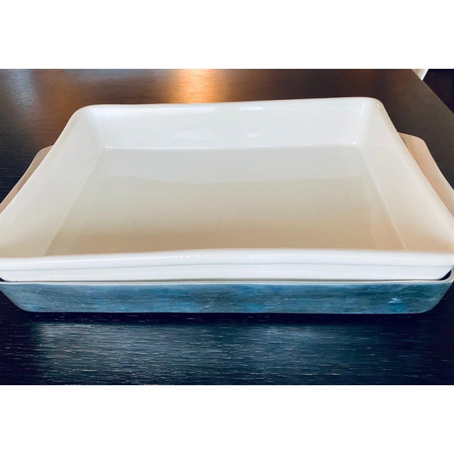 A brand-new vintage ceramic and pewter serving dish, lead-free, with handles and pewter base, versatile for serving or...