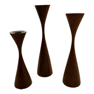 1960s Turned Cherry Wood Candlesticks- Set of 3 For Sale