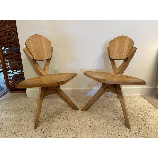 Folk Art Pair of Studio Art Chairs in Carved Wood For Sale - Image 3 of 10