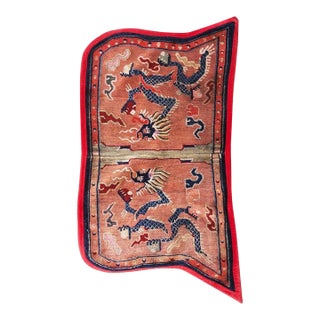 1930s Antique Coral Chinese Tibetan Dragon Cloud Band Saddle Horse Cover Rug For Sale