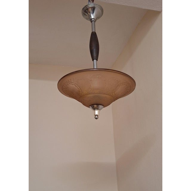 Vintage French Art Deco Pendant Lamp with Pink-Tinted Relief Glass Shade, 1920s For Sale - Image 6 of 7