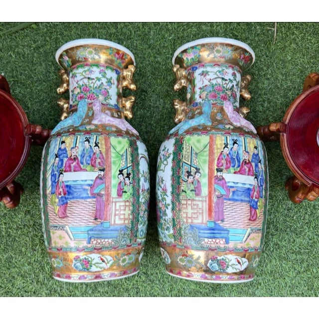 Pair of Large Antique Famille Rose Medallion Chinese Vases With Rosewood Stands For Sale - Image 13 of 18