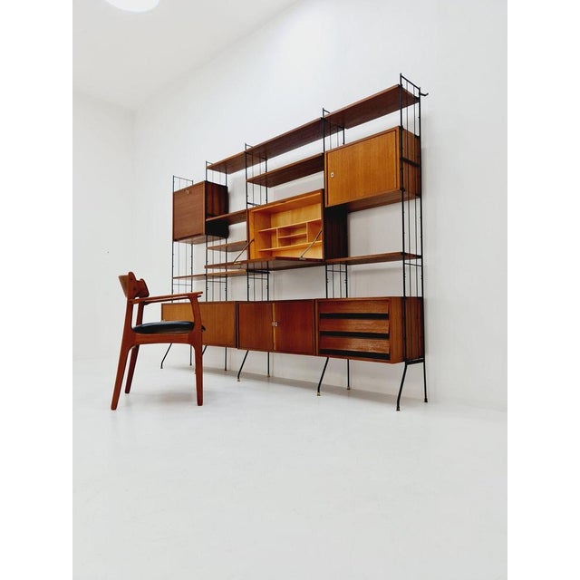 Freestanding String Shelf-System Unit Bookcase in Teak and Metal by Silverschild, 1950s For Sale - Image 4 of 12
