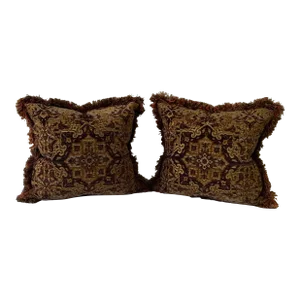 1990s Thomasville Custom Upholstered Down Pillows With Fringe Accent - Set of 2