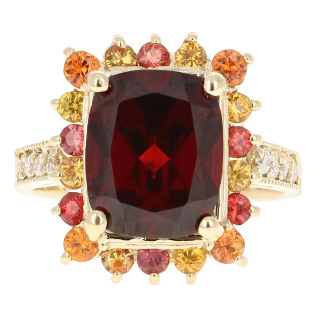 6.97 Carat Garnet Sapphire Diamond Yellow Gold Cocktail Ring For Sale