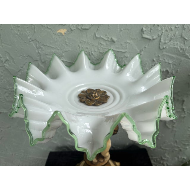 Vintage Bohemian Style Opal Glass Tazza With Green Trim on Cherub Pedestal Base For Sale - Image 4 of 12