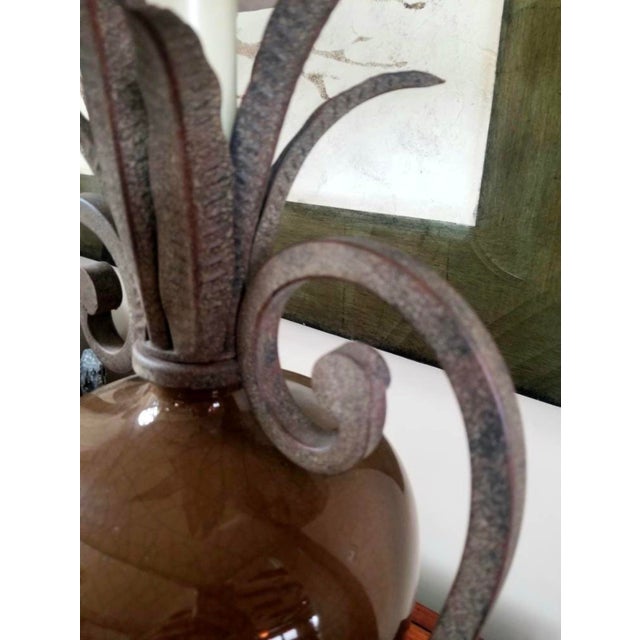 Urn Shaped Lamp With Metal Fronds Asian Inspired Jungle Chic Scrolling Metal Handles Moss Brown Crackle Glaze For Sale - Image 9 of 9