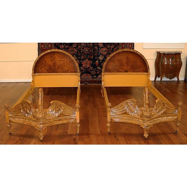 Pair of Swan Carved Paint Decorated & Inlaid Kingwood Twin Beds Circa