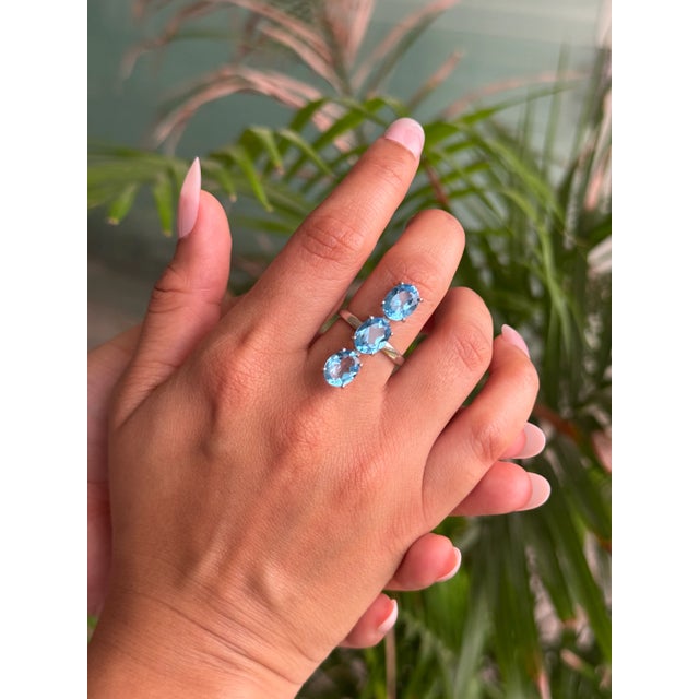 Unique Design 7.53 Carat Blue Topaz Three Stone Ring in 925 Silver - Size 8.5 For Sale - Image 6 of 11