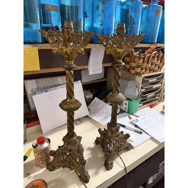 Gold Bronze Lamps on Candlestick, Set of 2 For Sale - Image 8 of 8
