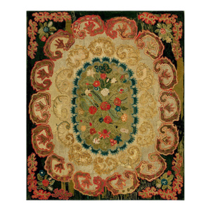 A Gray Background & Brown Border Color With Distinctive Folk Art Style Antique American Hooked Rug