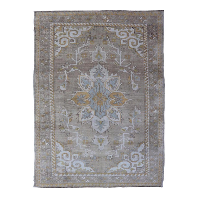 Mid 20th Century Vintage Hand Knotted Turkish Oushak Kars in Earthy Tones and Yellow Colors For Sale