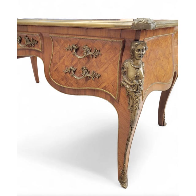Wood Antique French Satinwood Parquetry Louis XVI Writing Desk, Tooled Leather Top & Ormolu For Sale - Image 7 of 10
