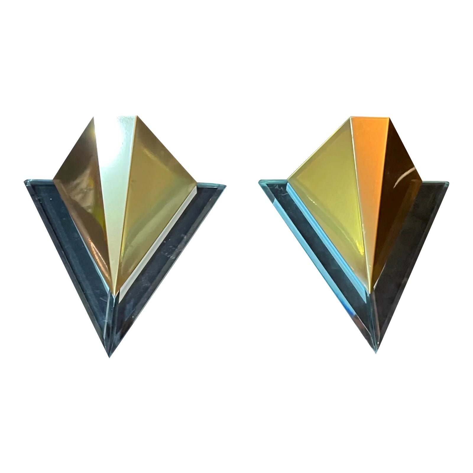 Massive, Post-Modern Pair of Triangular Gilted Metal and Lucite Six ...
