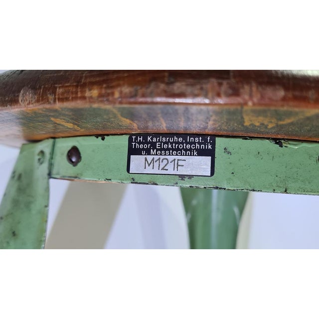 Industrial Stool in Dark Brown Wood and Green Metal, Germany, 1950s For Sale - Image 11 of 14