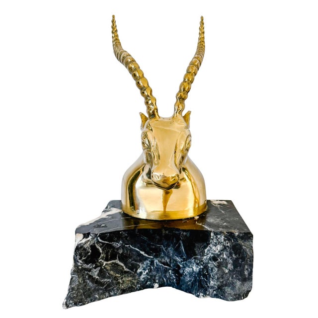 Mid-Century Modern 1970s Hollywood Regency Brass Gazelle / Antelope Head Bookends on Raw Edge Marble Bases - A Pair For Sale - Image 3 of 12