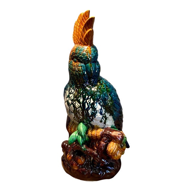 Late 20th Century Vintage Large Parrot Cockatoo on Perch Glazed Ceramic Bird Sculpture in Vibrant Blue and Orange Polychrome For Sale