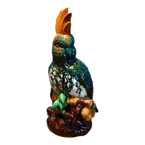 Late 20th Century Vintage Large Parrot Cockatoo on Perch Glazed Ceramic Bird Sculpture in Vibrant Blue and Orange Polychrome